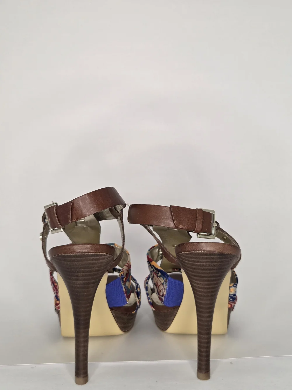 GUESS Kaedi Brown Leather Multi Floral Fabric Platform Sandals Heels